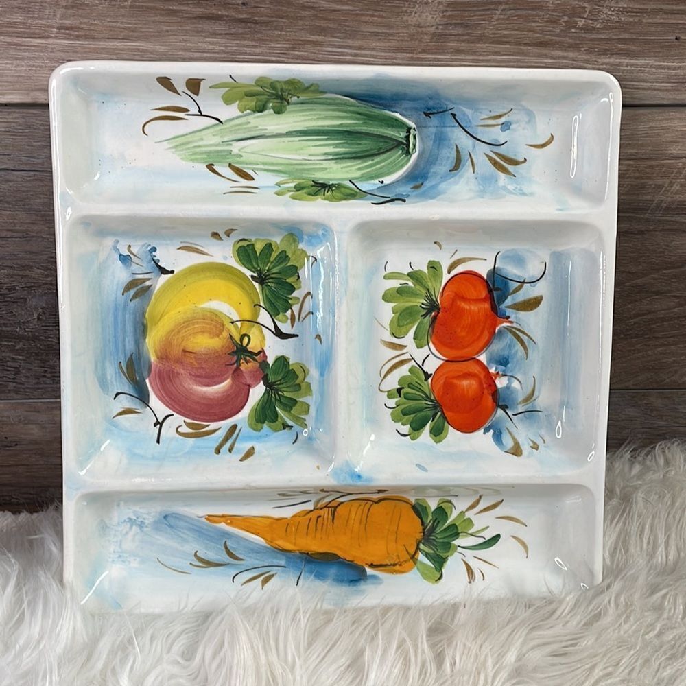 Serving Ceramic Plate , 4 Sections, Vegetable Decor, 11 X 11